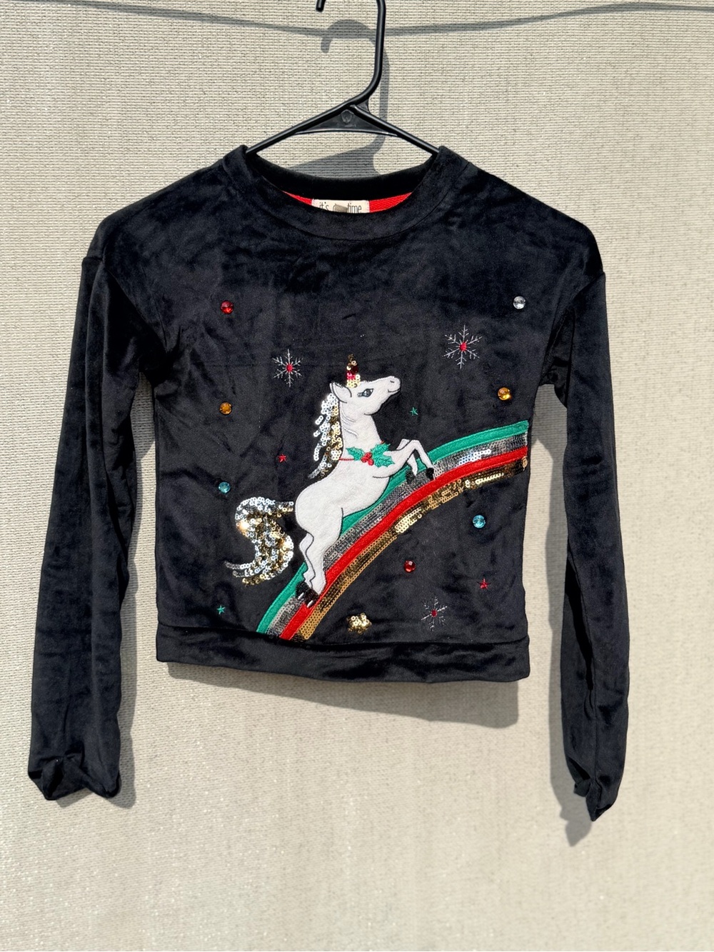 It's Our Time Black Long-Sleeve Unicorn Sequin Top with Rainbow